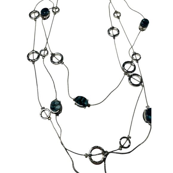 Triple Strand Silver Tone Necklace with Silver Tone Circles and Blue Oval Stones - Picture 2 of 3
